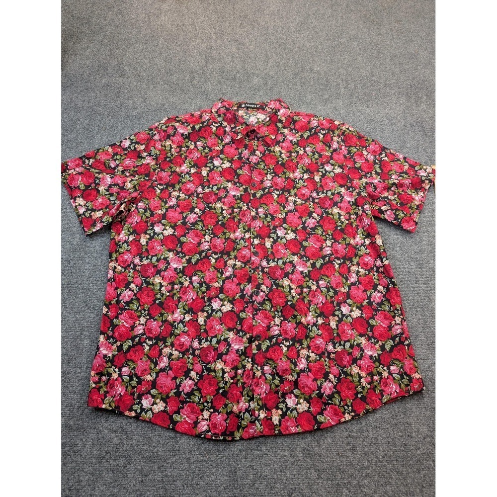 Allegra K Shirt Mens 2XL Black Red Rose Floral Short Sleeve Button Front